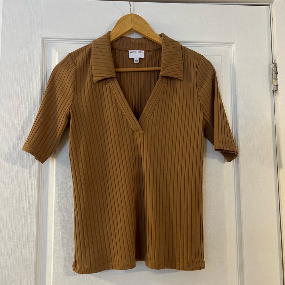 Witchery Caramel Ribbed Short Sleeve Polo Top
